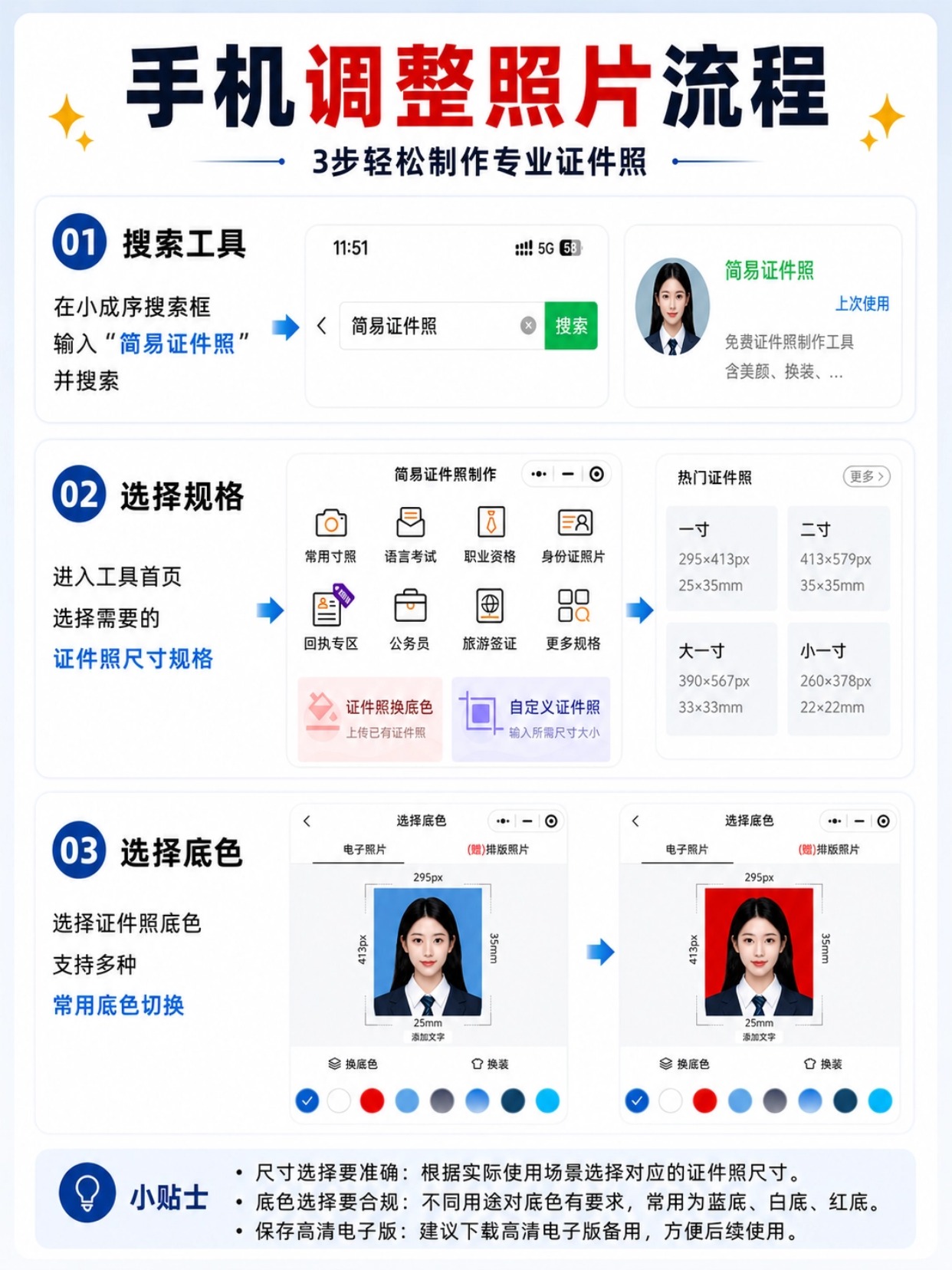 证件照全参数指南|5种底色+6类标准尺寸+用途对照表+一键制作教程