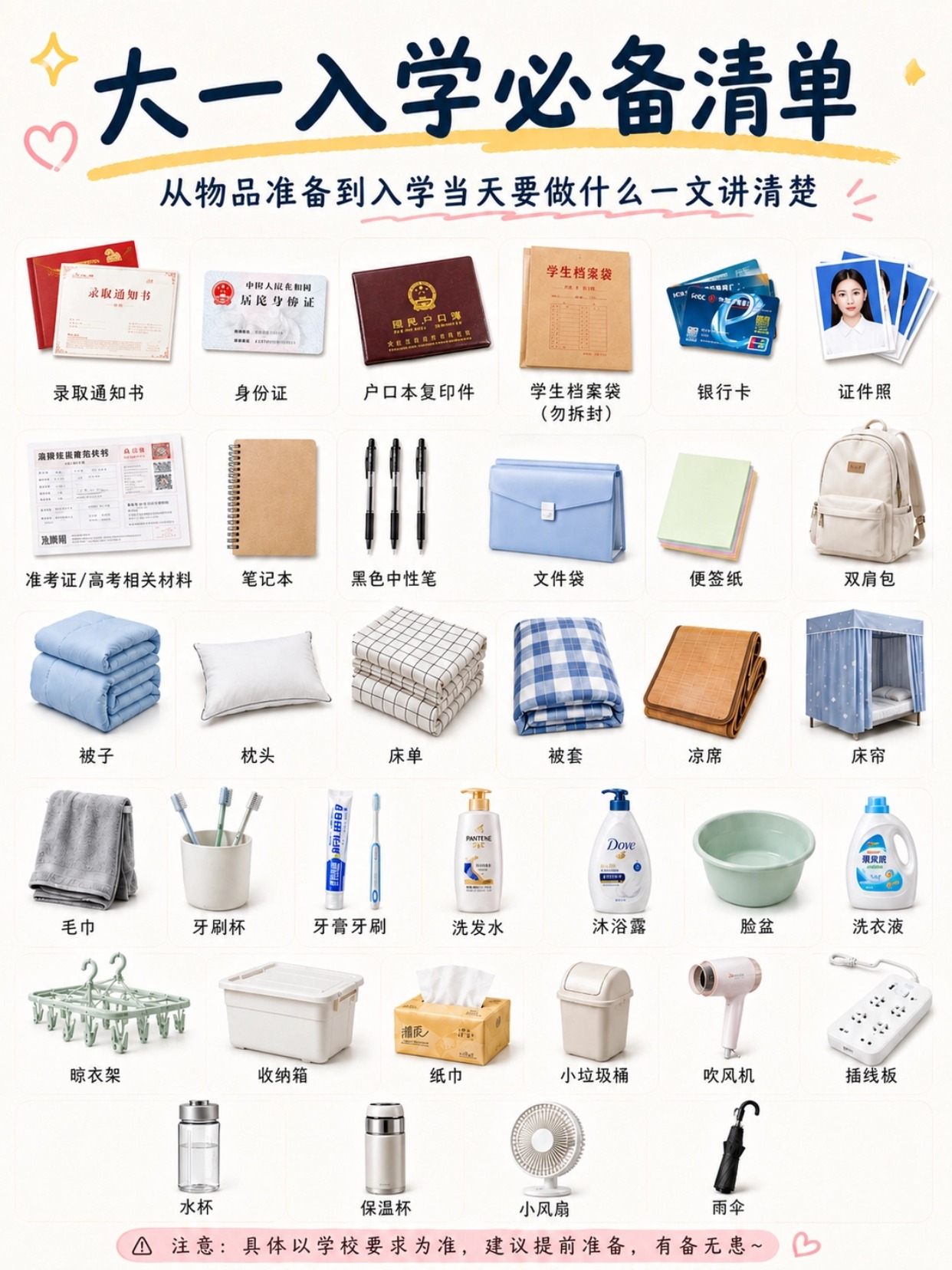 准大一新生完整入学攻略|必备资料+宿舍好物+证件照制作+避坑指南+报到当日流程