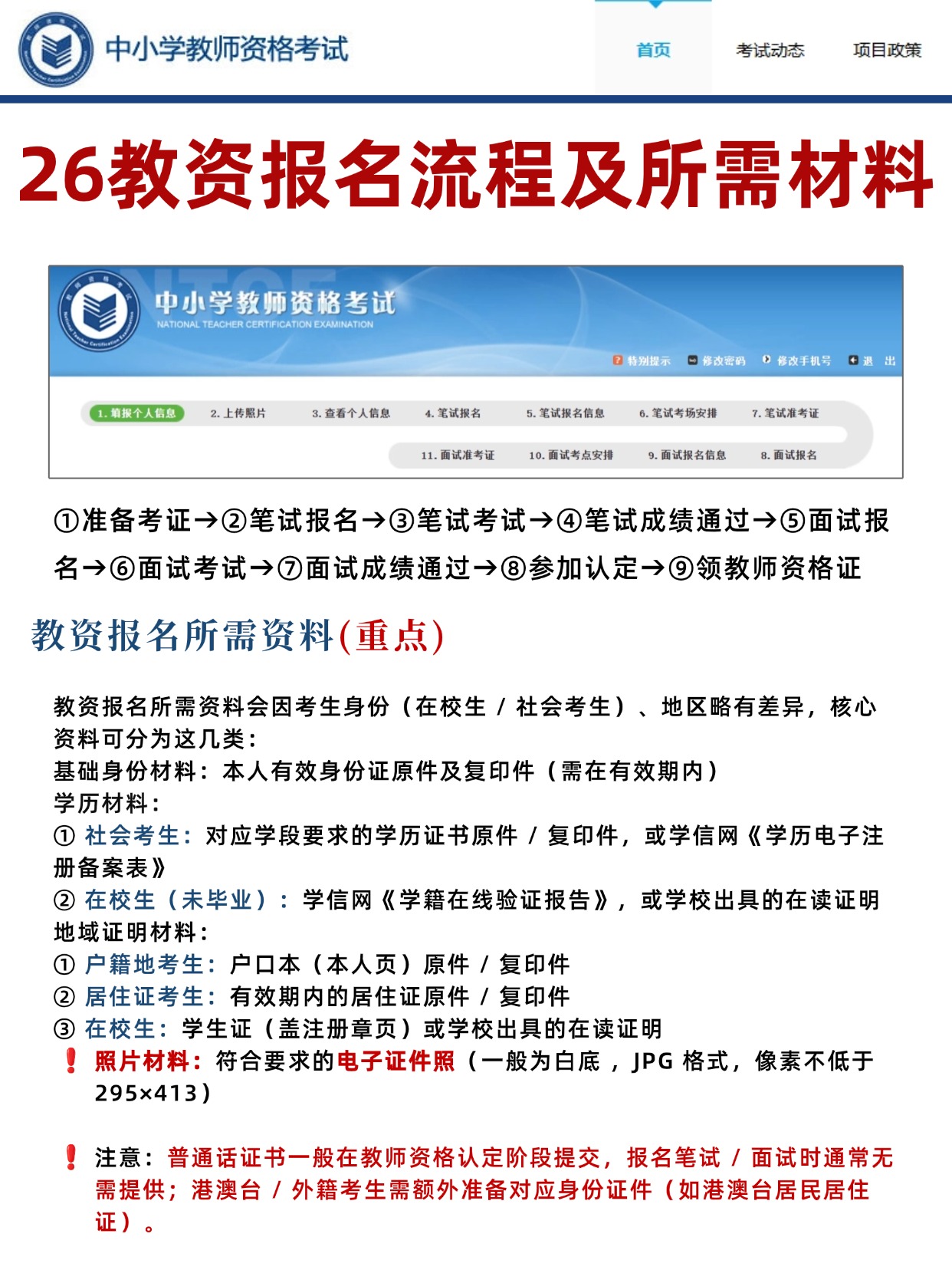 2026下半年教资报名证件照官方标准+手机制作教程+全套报名材料清单