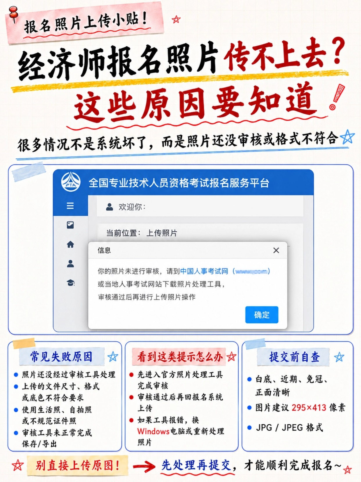 2026经济师报名照片全套指南|官方先审后传规则+尺寸底色+审核工具+上传失败解决办法