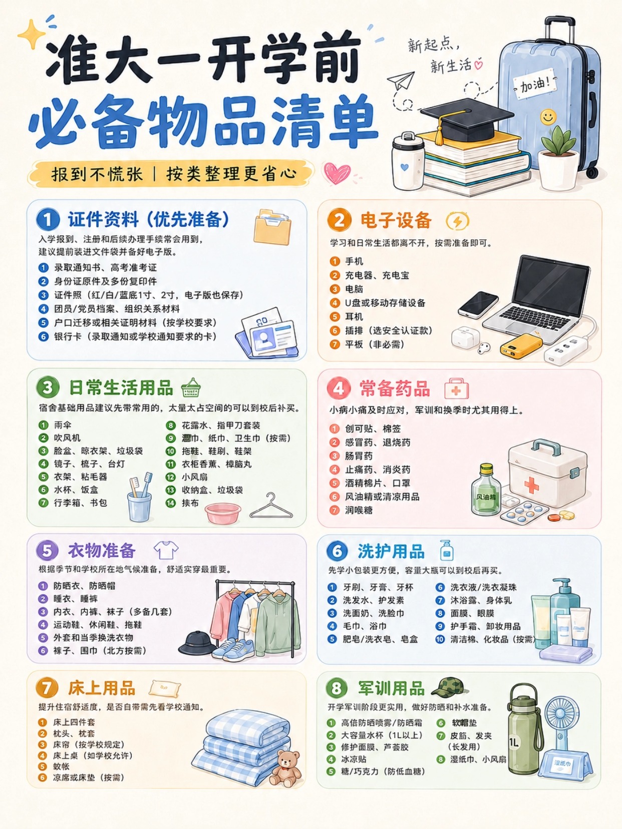 准大一开学必备物品清单|8大类行李+新生证件照全套准备指南
