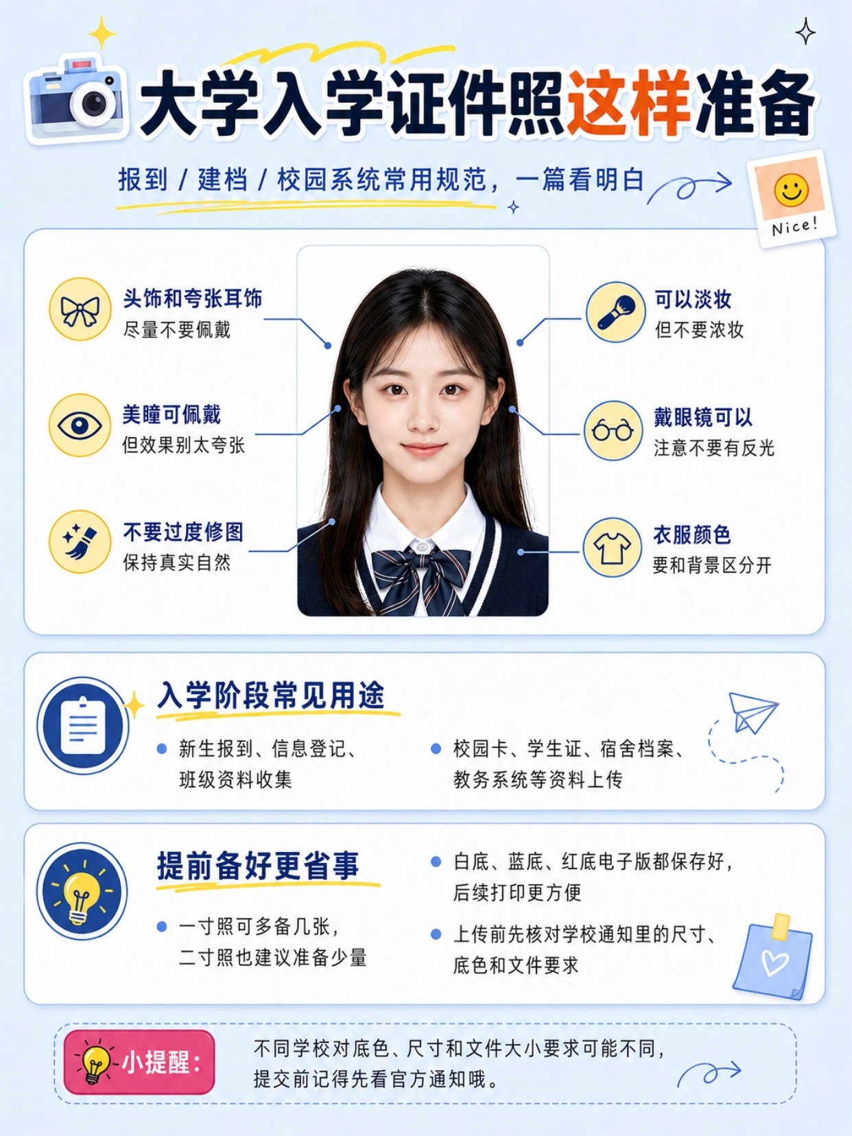 大学入学证件照完整指南|6大使用场景、拍照妆容规范、全尺寸参数、手机一键制作教程