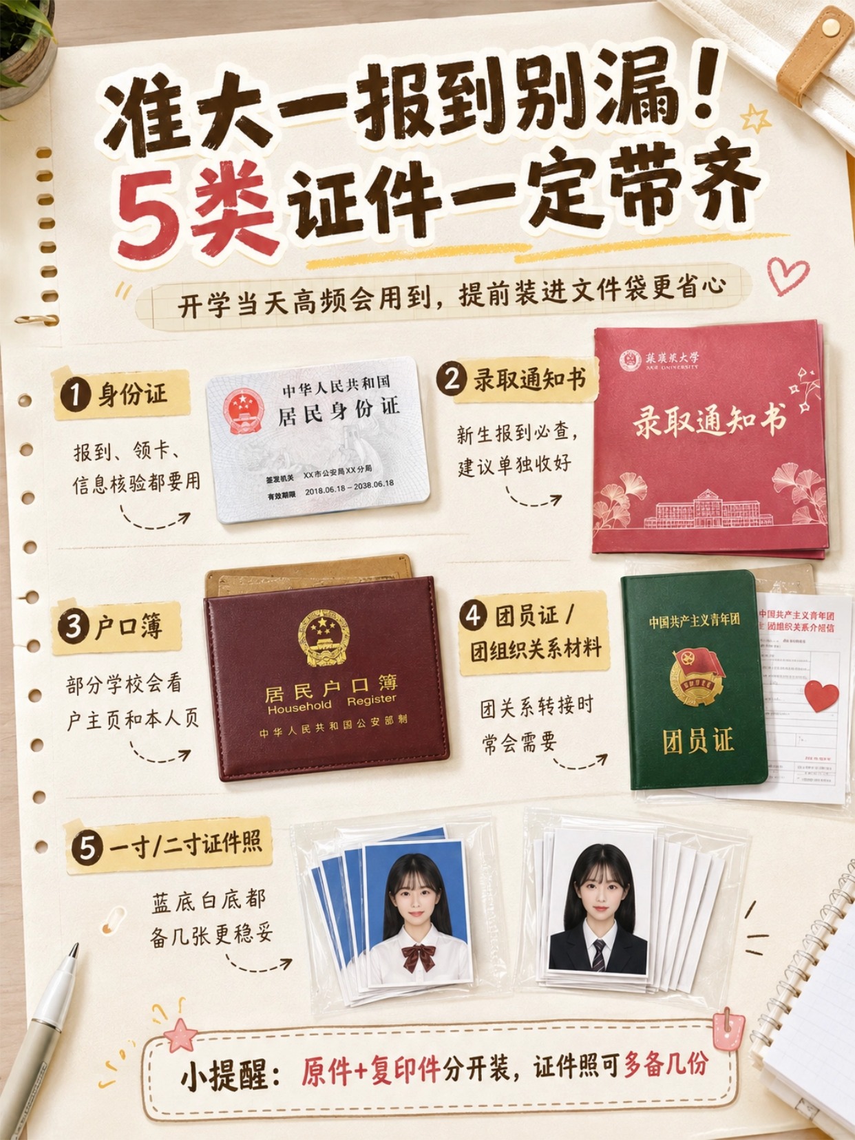 2026大一新生报到要带什么?5类重要证件+证件照准备流程+大学考证时间规划参考