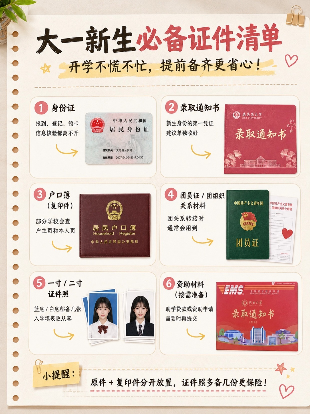 2026大一新生报到要带什么?5类重要证件+证件照准备流程+大学考证时间规划参考