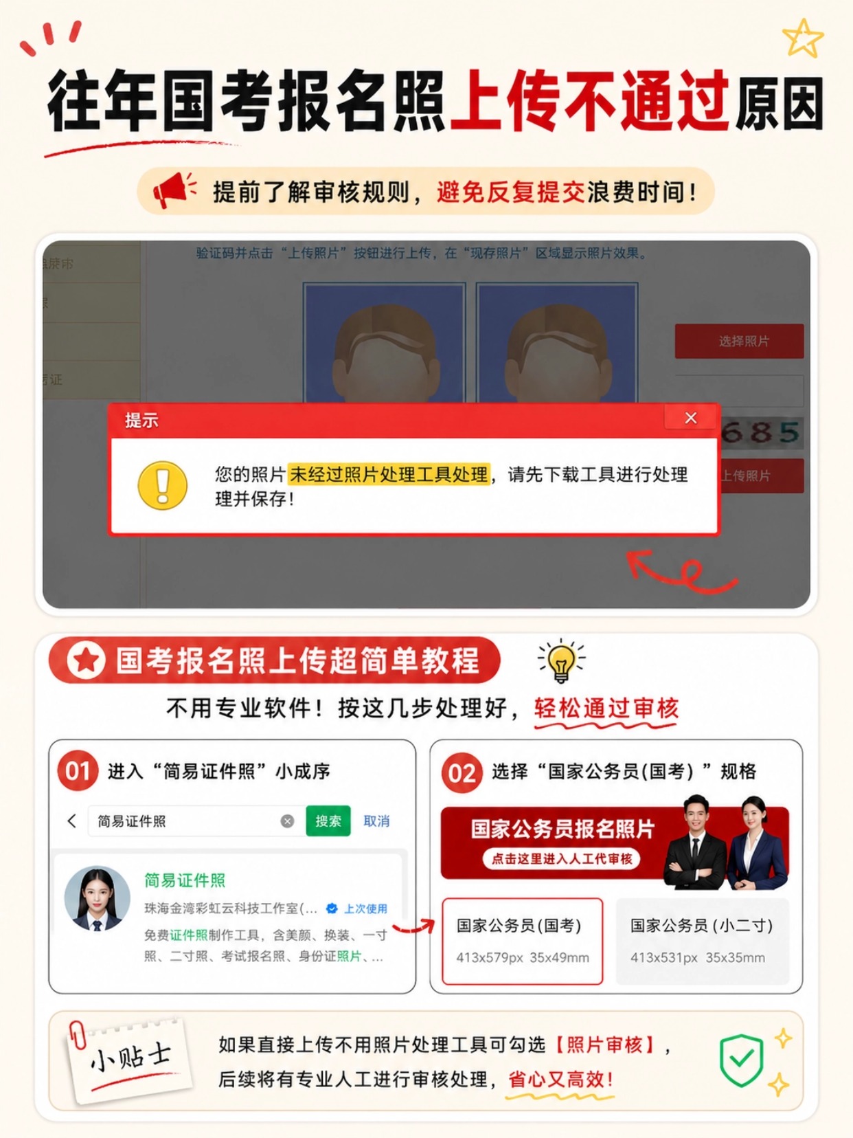 2027国考报名确认照片完整攻略｜参数、制作、官方工具处理、审核失败避坑