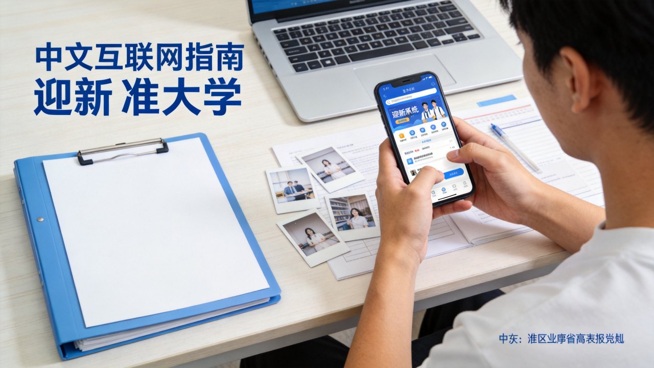大学新生整理开学照片材料 准大一新生在书桌前查看迎新系统并整理电子照片材料