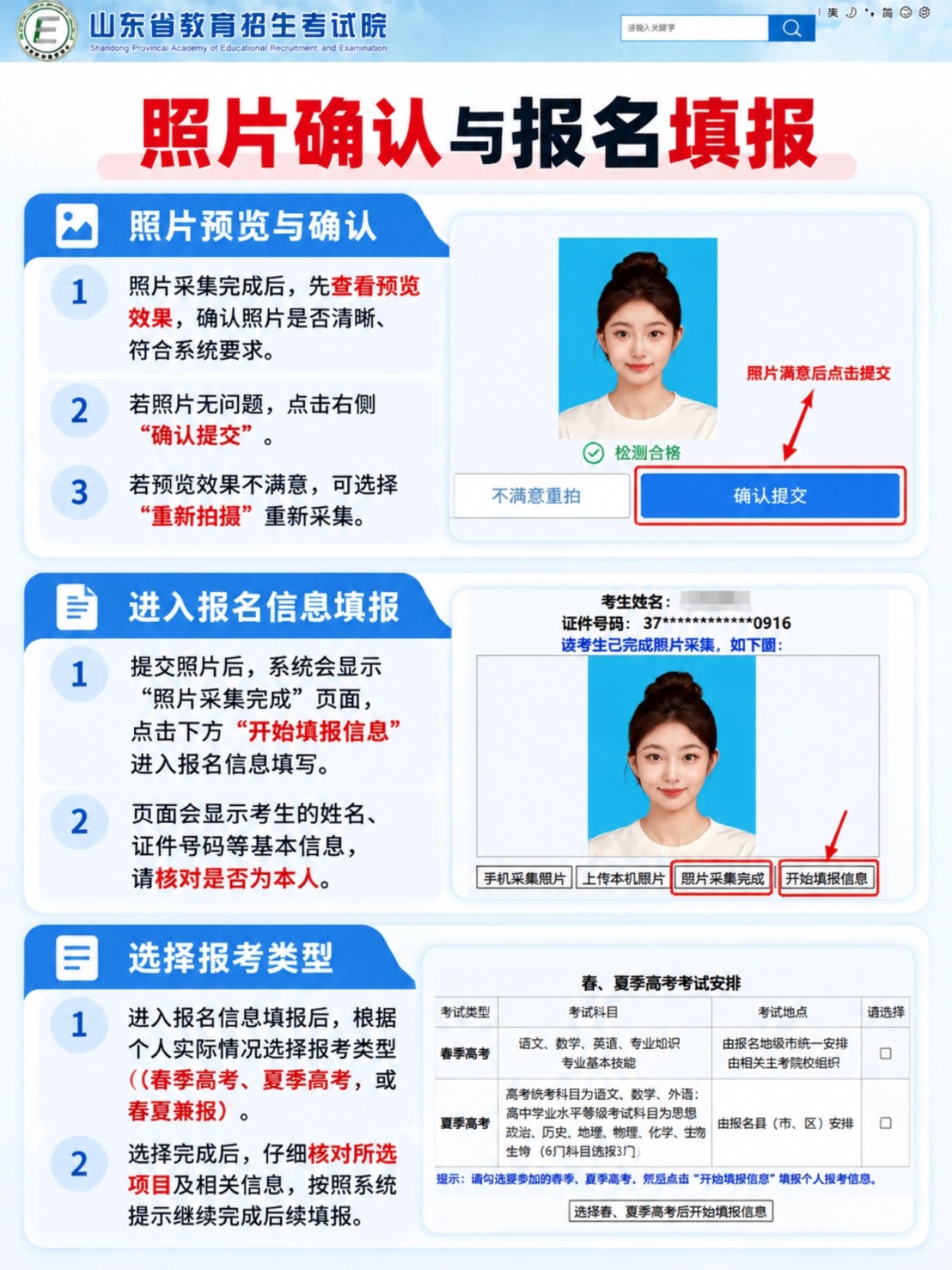 照片预览确认、提交照片、填报报名信息、选择春夏高考类型步骤