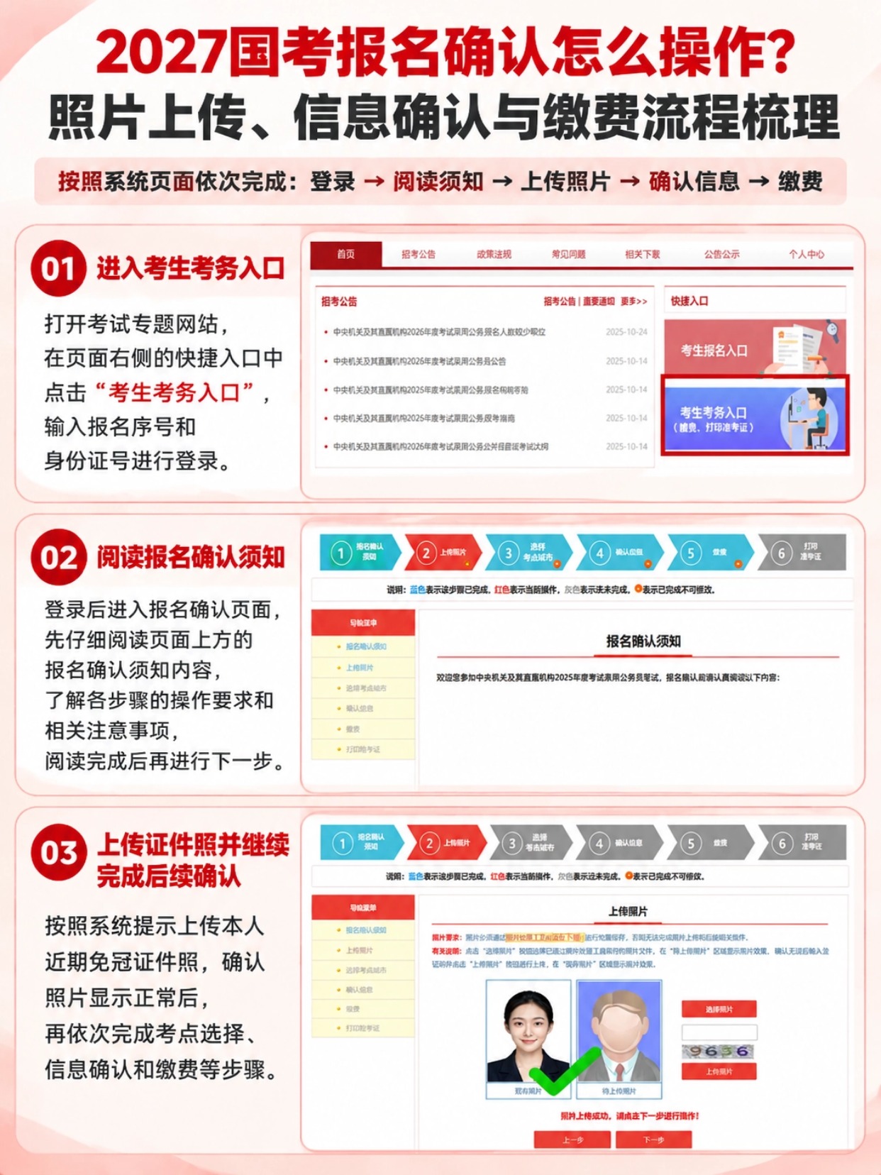 国考报名确认、上传照片、选择考点流程